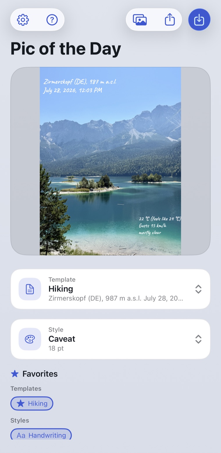 POTD main screen: a mountain lake photo captioned with peak, altitude, date and weather