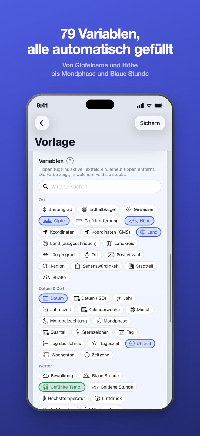 App-Store-Bild: 79 Variablen, alle automatisch gefüllt - der Variablen-Katalog der Vorlage