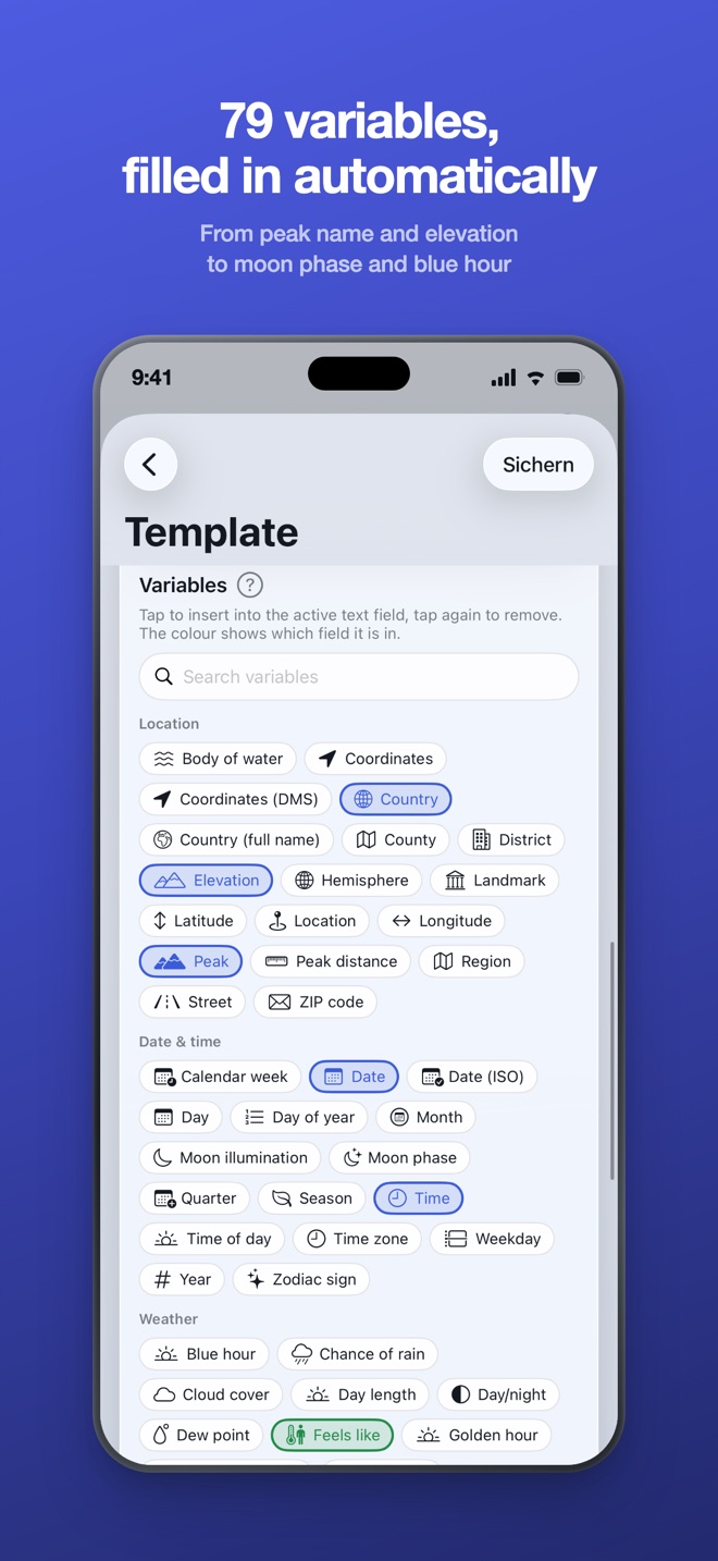 App Store image: 79 variables, all filled in automatically - the template's variable catalogue