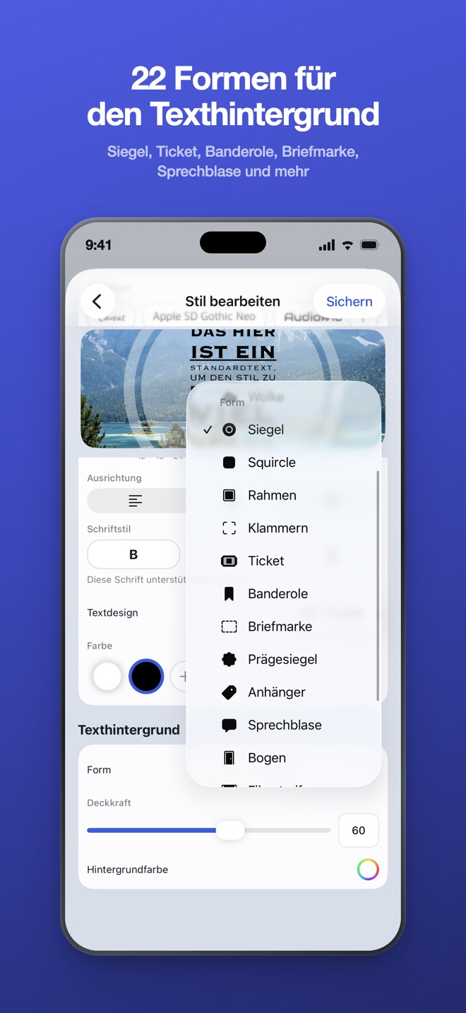 App-Store-Bild: 22 Formen für den Texthintergrund - das Formen-Menü im Stil-Editor