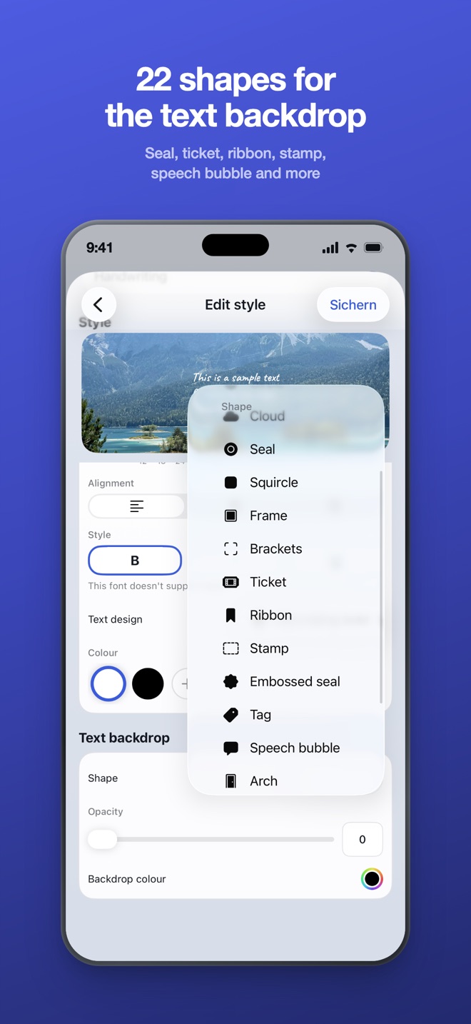 App Store image: 22 shapes for the text backdrop - the shape menu in the style editor