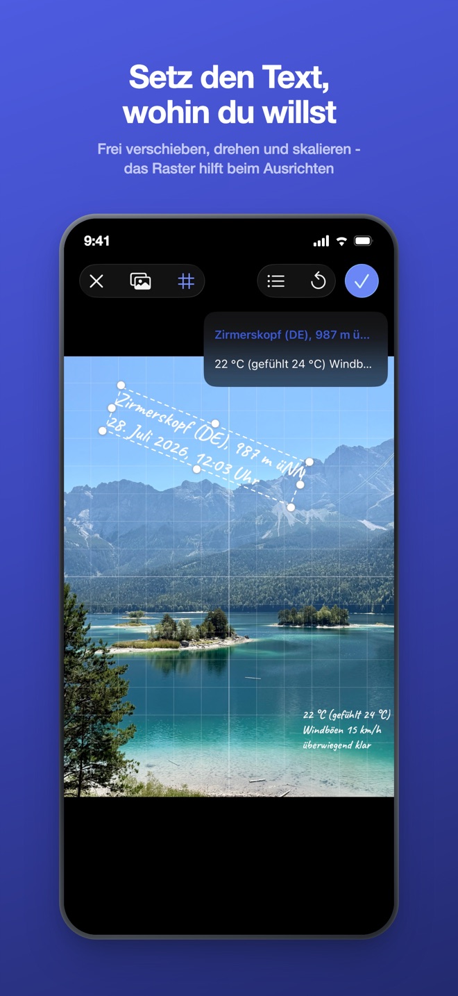 App-Store-Bild: Setz den Text, wohin du willst - der Vollbild-Editor mit Raster