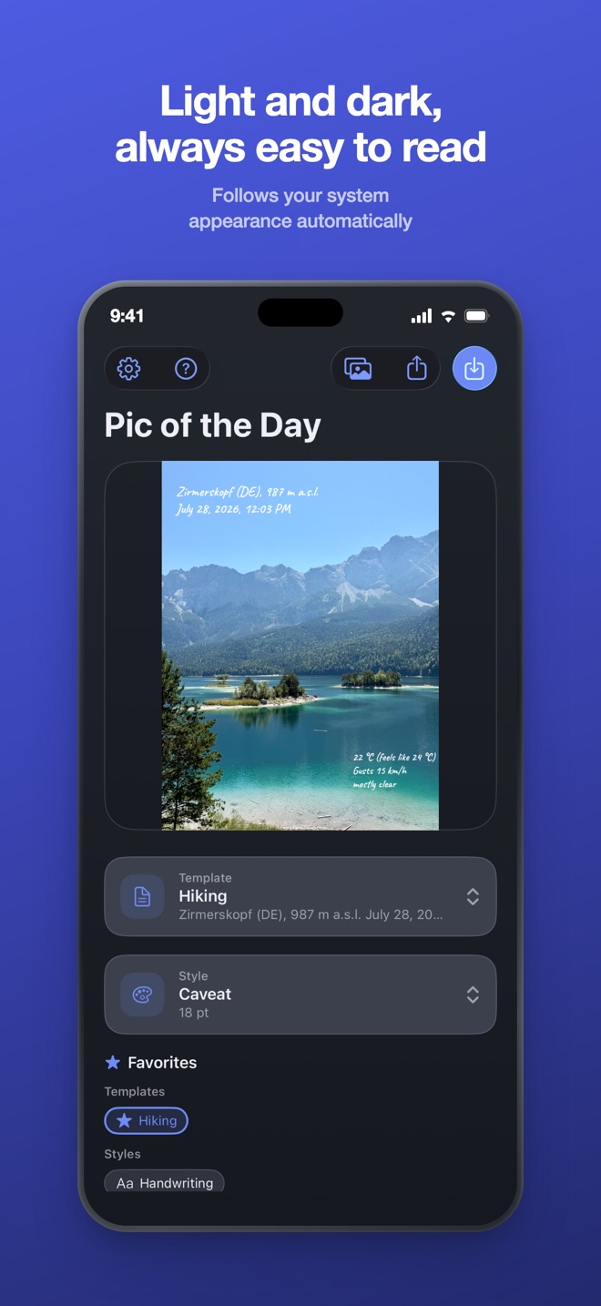 App Store image: light and dark, always readable - the main screen in dark mode