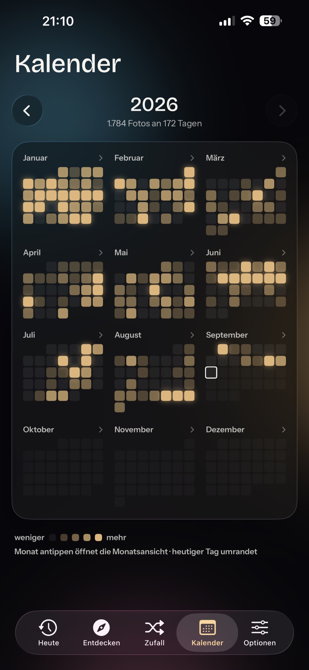 Calendar 2026: heatmap of all days with 1,784 photos on 172 days