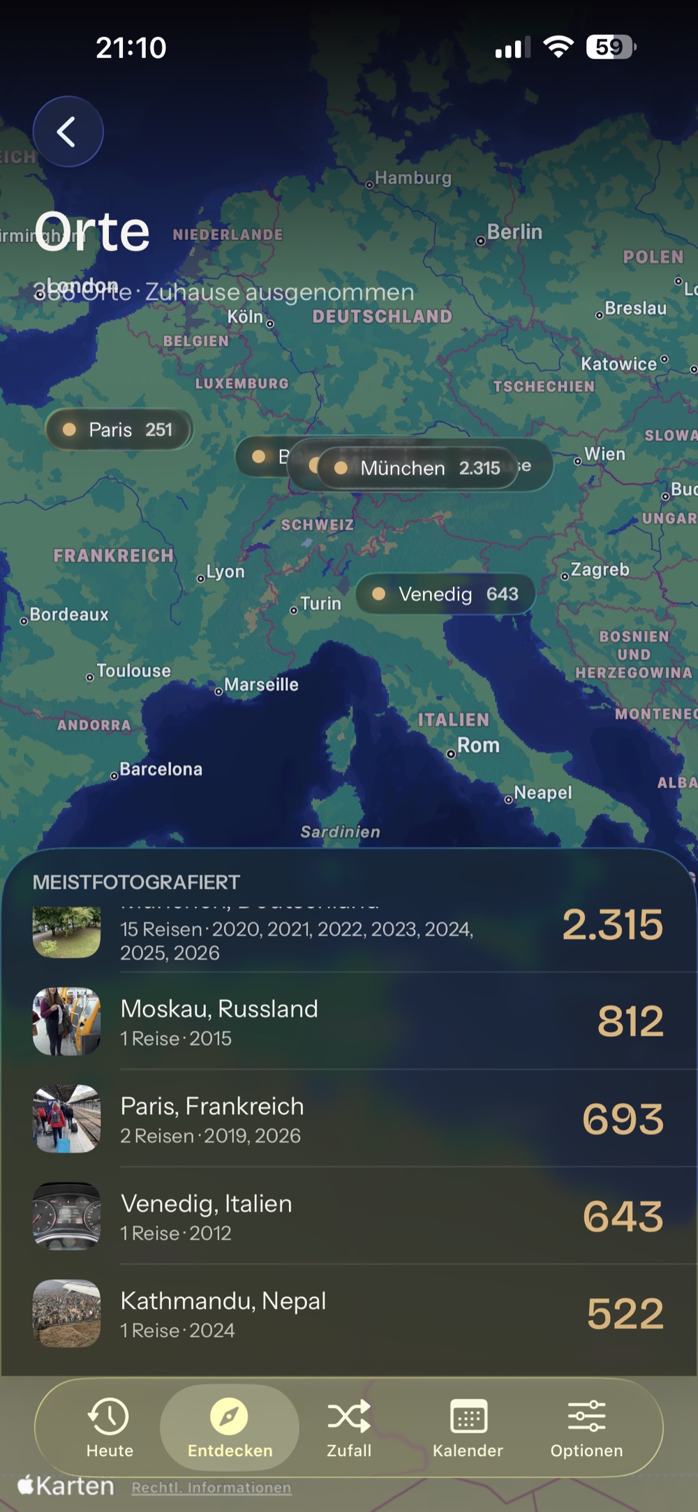 Places map: Paris, Munich and Venice as glass pins over Europe, below them the most photographed places with trips and years
