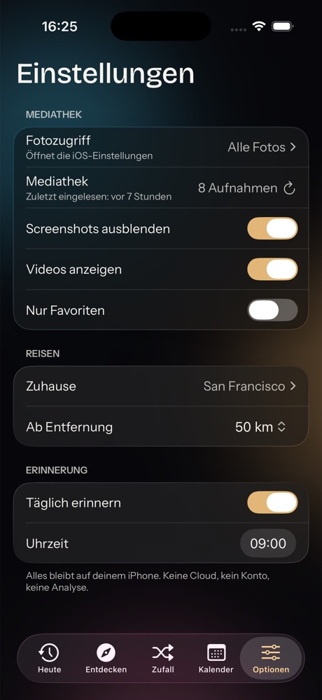 Settings with filters, home and reminder